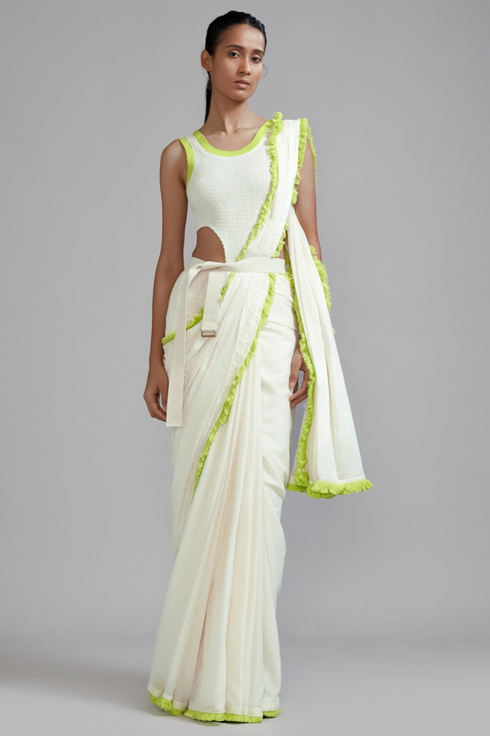 Off-White & Neon Green Handwoven Cotton Smocked Bodysuit - Auraya Fashion - Mati - #tag1# - #tag2# - #tag3# - #tag3#