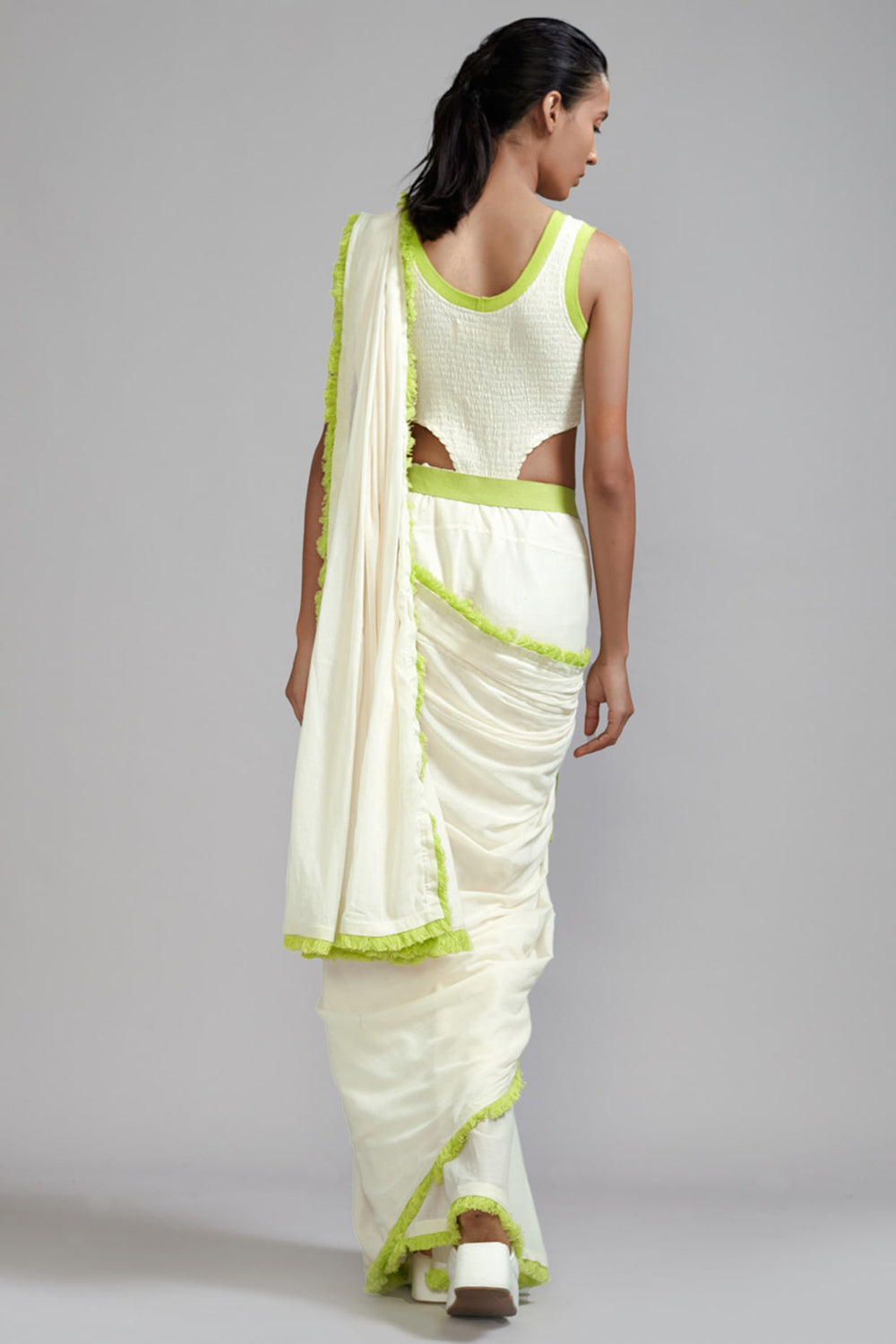 Off-White & Neon Green Handwoven Cotton Smocked Bodysuit - Auraya Fashion -  - #tag1# - #tag2# - #tag3# - #tag3#