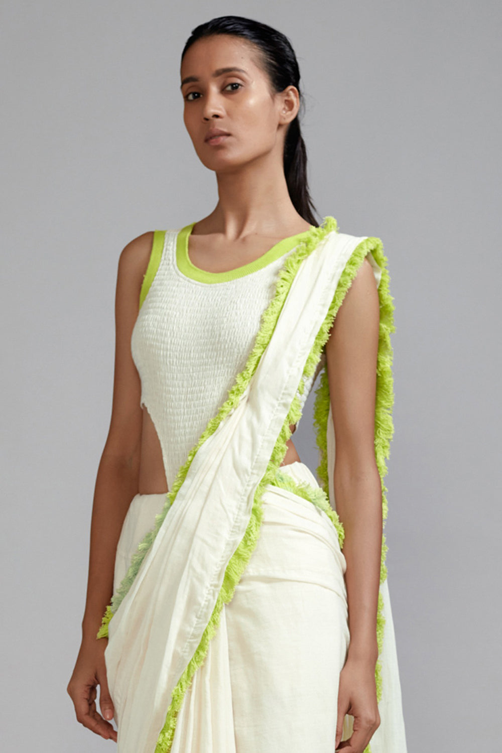 Off-White & Neon Green Handwoven Cotton Smocked Bodysuit - Auraya Fashion -  - #tag1# - #tag2# - #tag3# - #tag3#