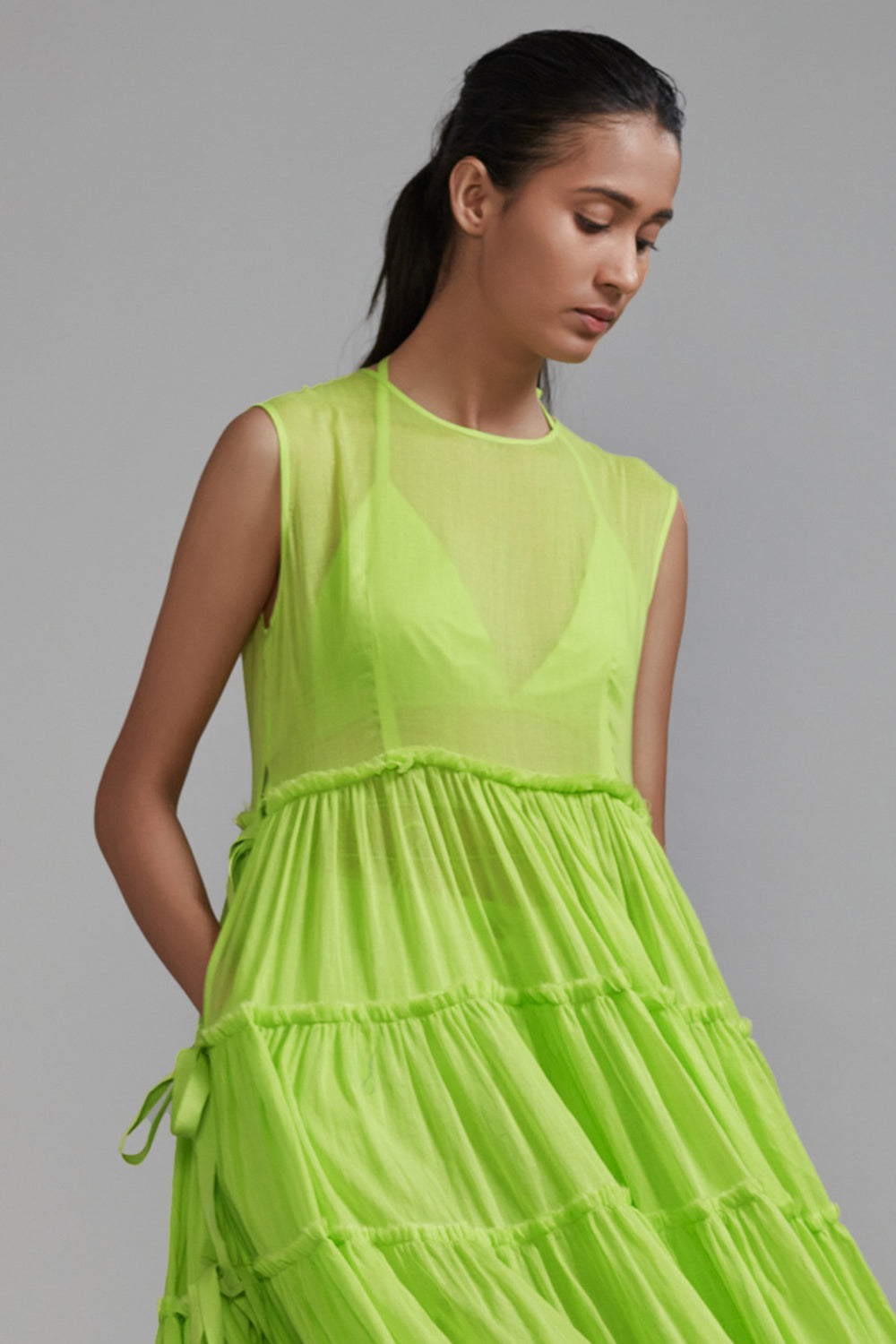 Neon Green Handwoven Mul Tiered Tunic - Auraya Fashion -  - #tag1# - #tag2# - #tag3# - #tag3#