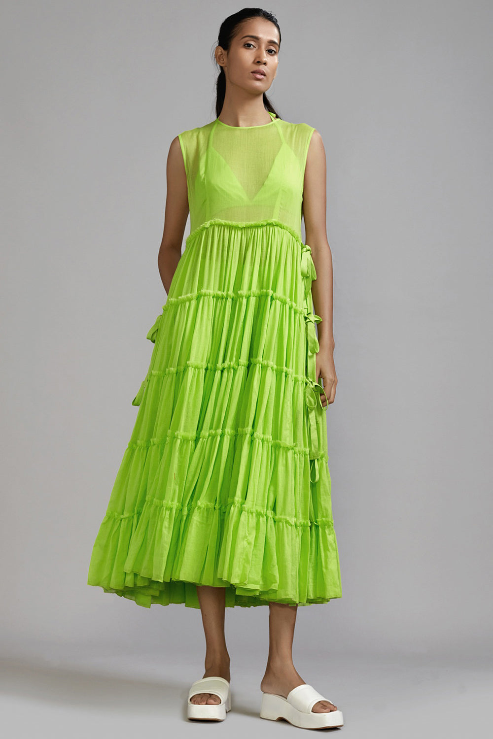 Neon Green Handwoven Mul Tiered Tunic - Auraya Fashion - Mati - #tag1# - #tag2# - #tag3# - #tag3#