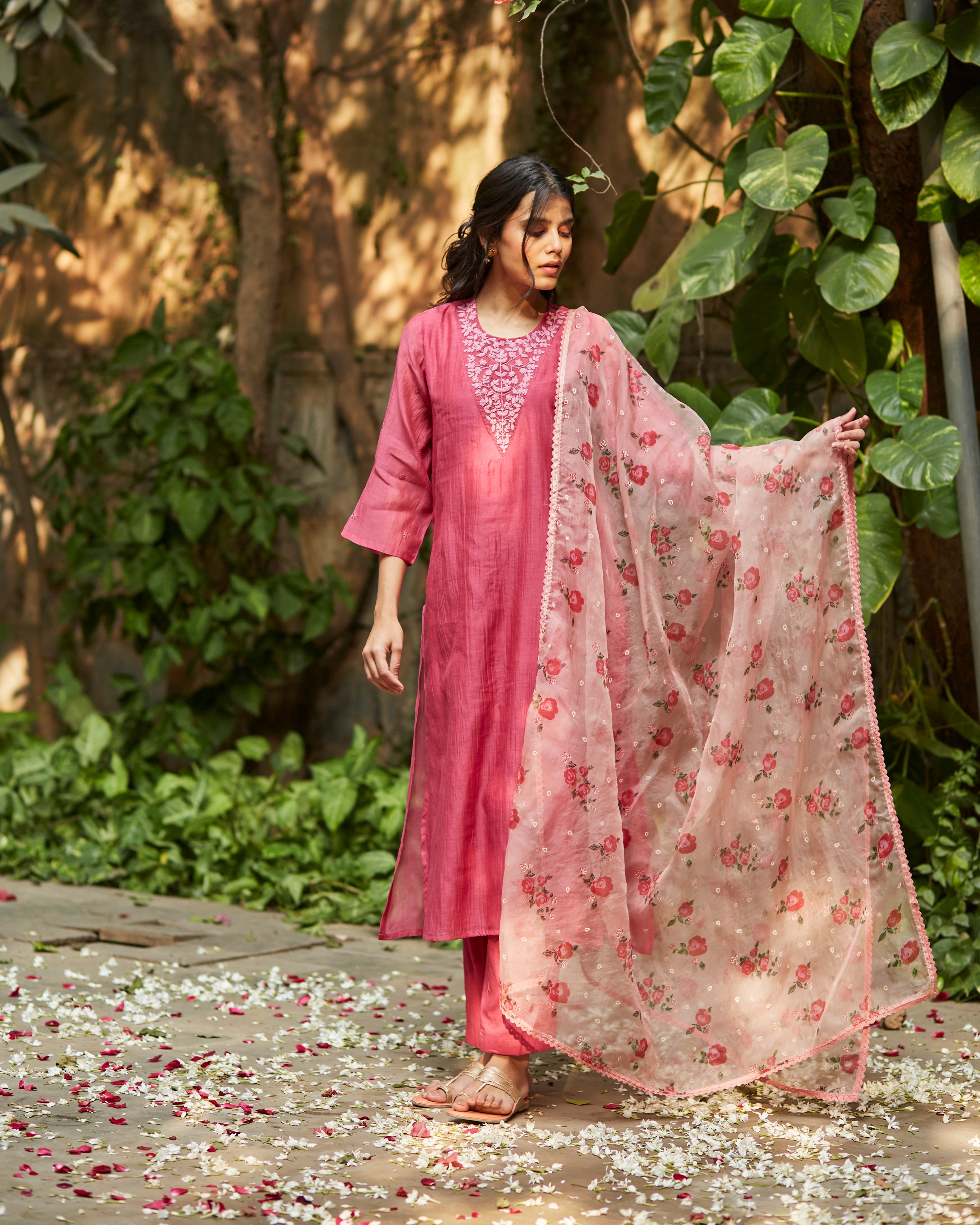 Fuchsia And Old Rose Kurta Set - Auraya Fashion - Juanita - #tag1# - #tag2# - #tag3# - #tag3#