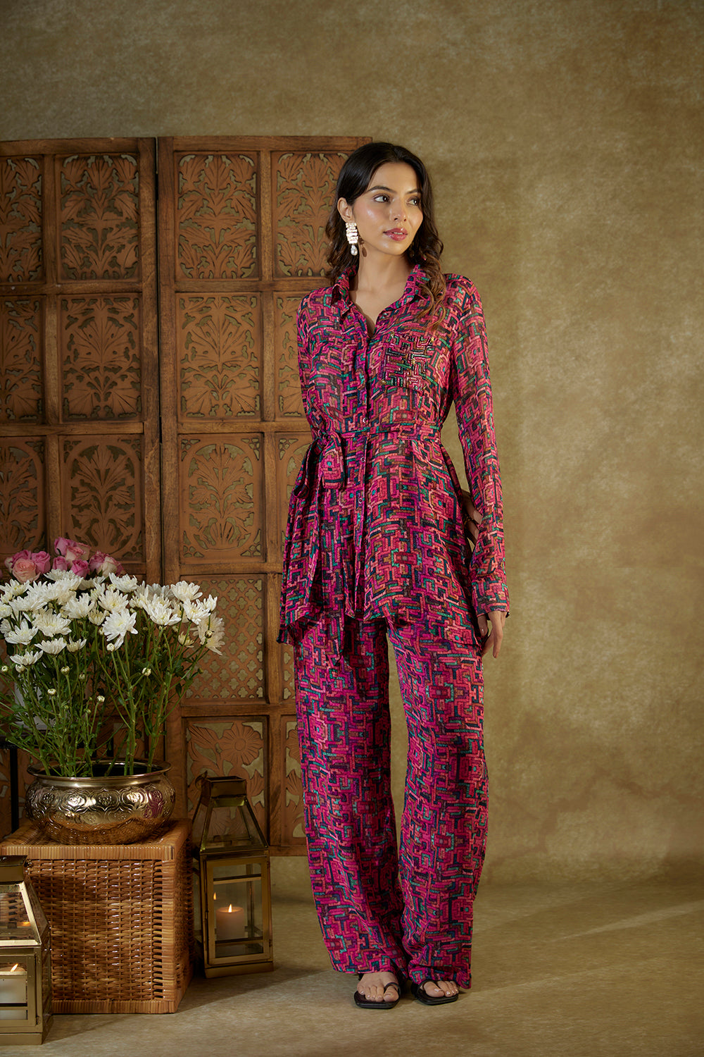 Pink Printed Co Ord Set With Embroidery - Auraya Fashion -  - #tag1# - #tag2# - #tag3# - #tag3#