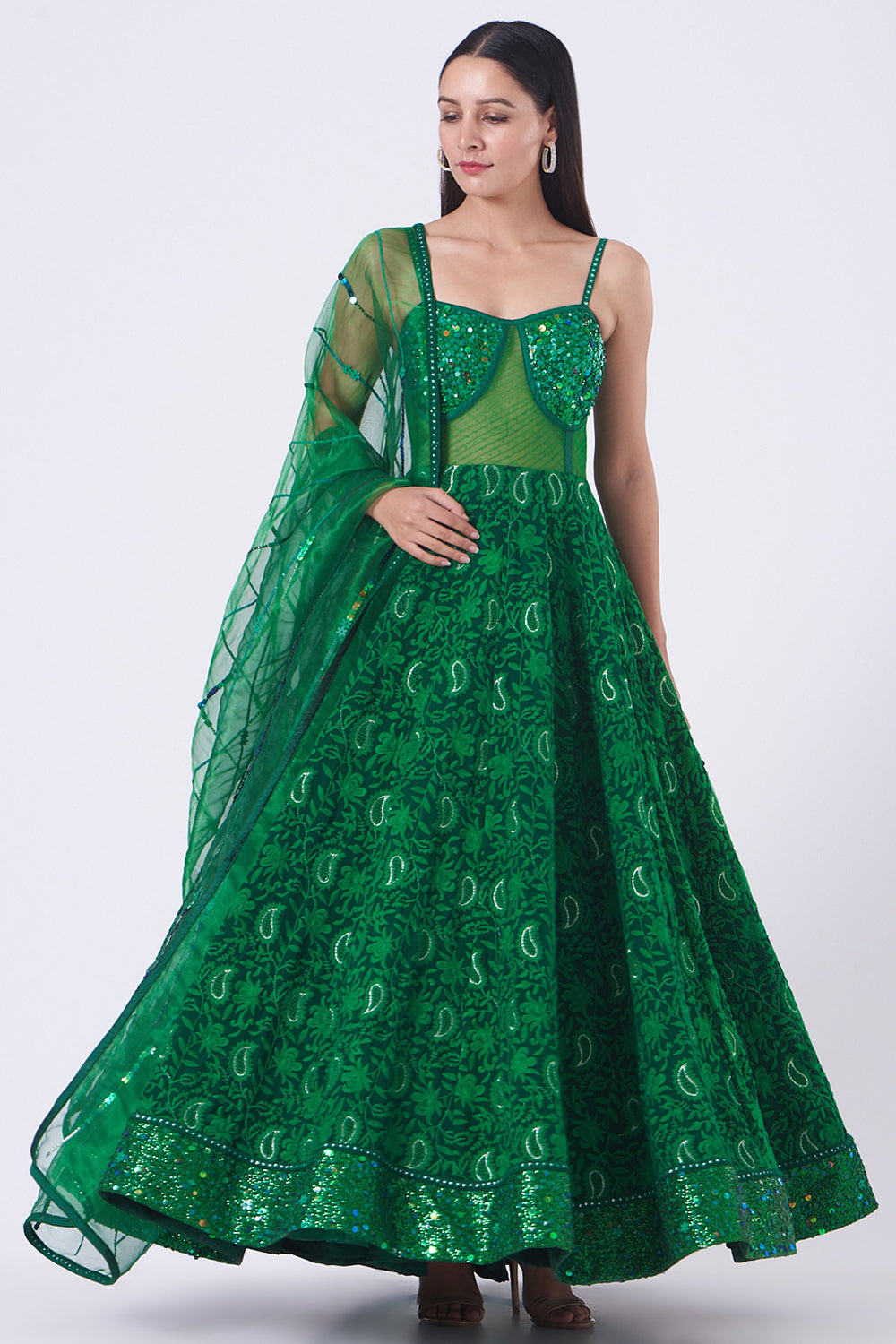 Embroidered Emerald Green Skirt Set In Satin - Auraya Fashion - Nitya Bajaj - #tag1# - #tag2# - #tag3# - #tag3#