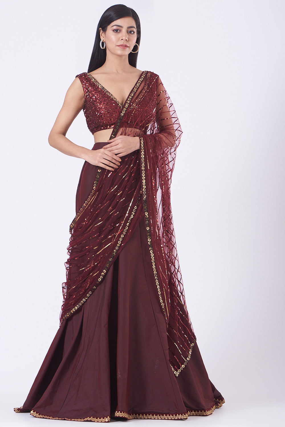 Embroidered Maroon Concept Saree Set In Satin - Auraya Fashion - Nitya Bajaj - #tag1# - #tag2# - #tag3# - #tag3#