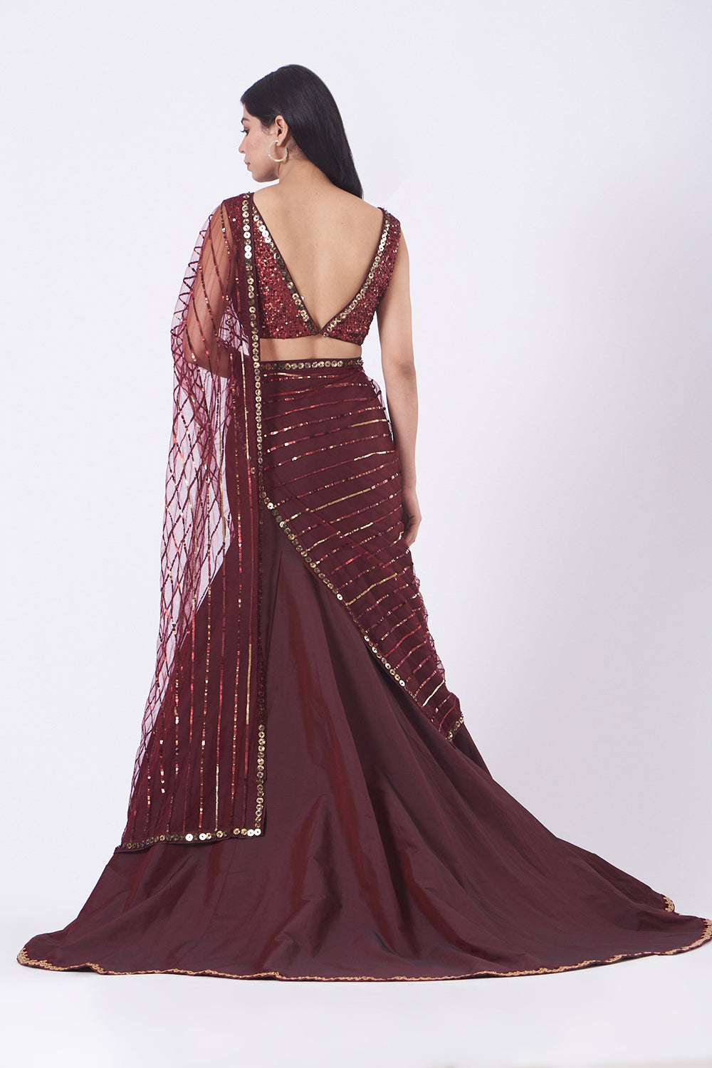 Embroidered Maroon Concept Saree Set In Satin - Auraya Fashion -  - #tag1# - #tag2# - #tag3# - #tag3#