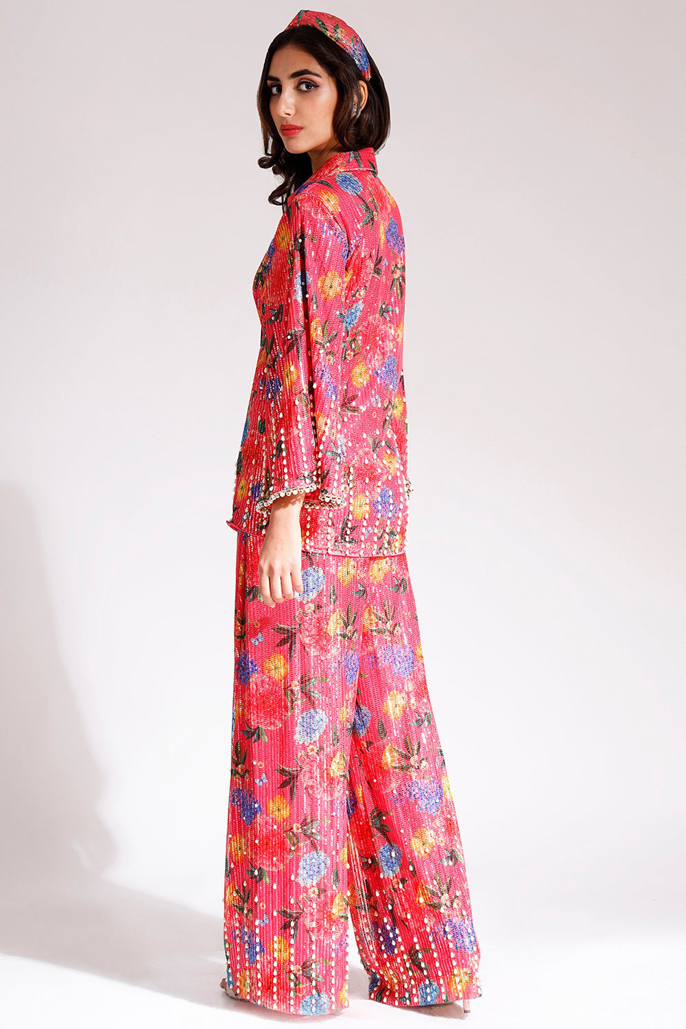 Embroidered Coral Pant Set In Net - Auraya Fashion -  - #tag1# - #tag2# - #tag3# - #tag3#