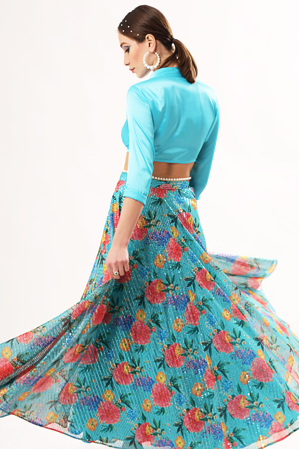 Embroidered Turquoise Skirt Set In Net & Satin - Auraya Fashion -  - #tag1# - #tag2# - #tag3# - #tag3#