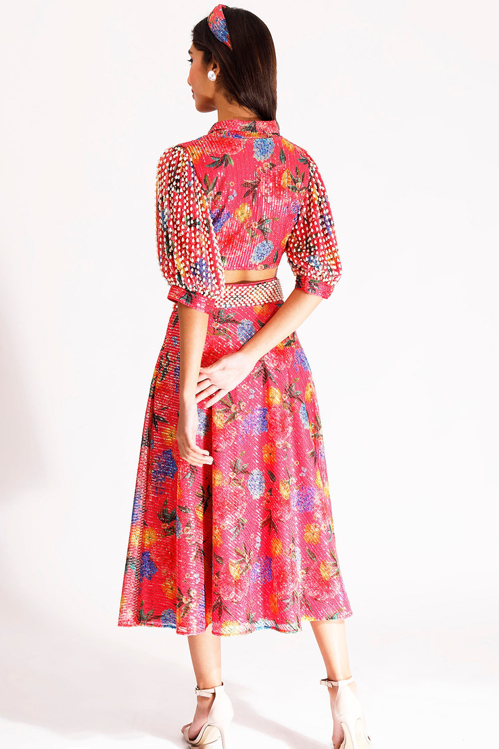 Embroidered Coral Skirt Set In Net & Satin - Auraya Fashion -  - #tag1# - #tag2# - #tag3# - #tag3#