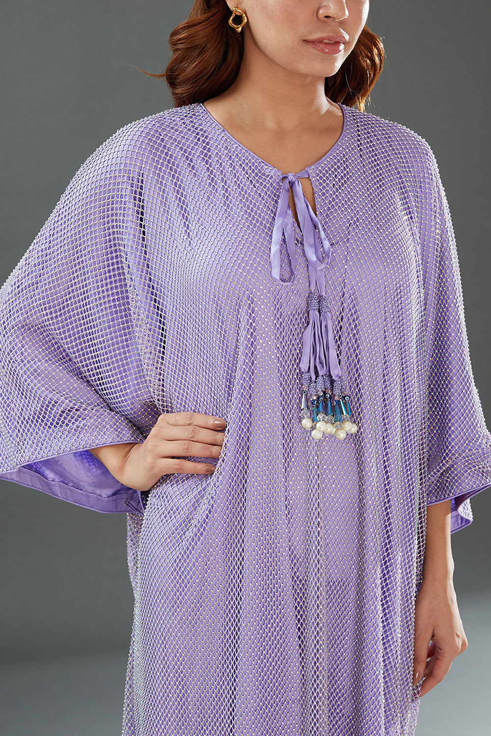 Embellished Purple Kaftan In Mesh & Satin - Auraya Fashion -  - #tag1# - #tag2# - #tag3# - #tag3#