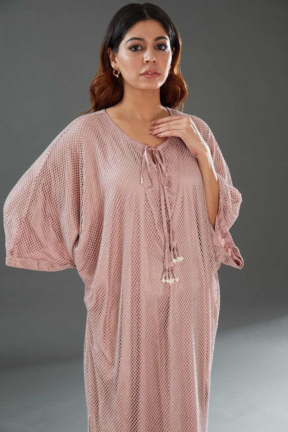 Embellished Pink Kaftan In Mesh & Satin - Auraya Fashion -  - #tag1# - #tag2# - #tag3# - #tag3#