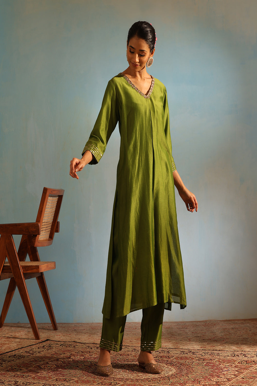 Green Tonal Chanderi Kurta With Matching Pants - Auraya Fashion - Weaverstory - #tag1# - #tag2# - #tag3# - #tag3#