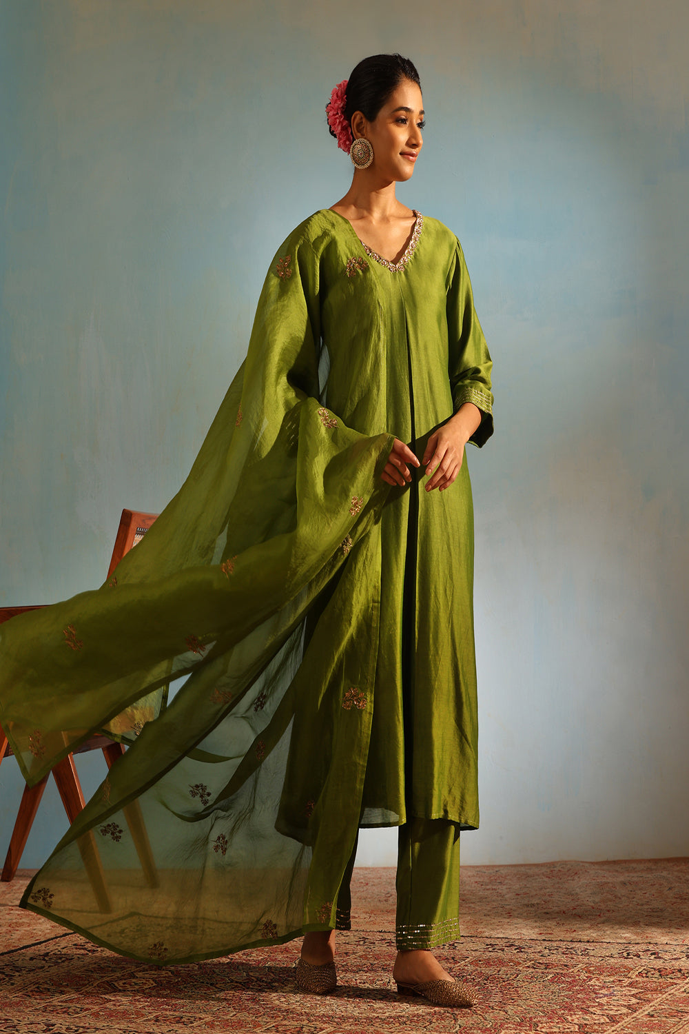 Green Tonal Chanderi Kurta With Matching Pants And Dupatta - Auraya Fashion - Weaverstory - #tag1# - #tag2# - #tag3# - #tag3#