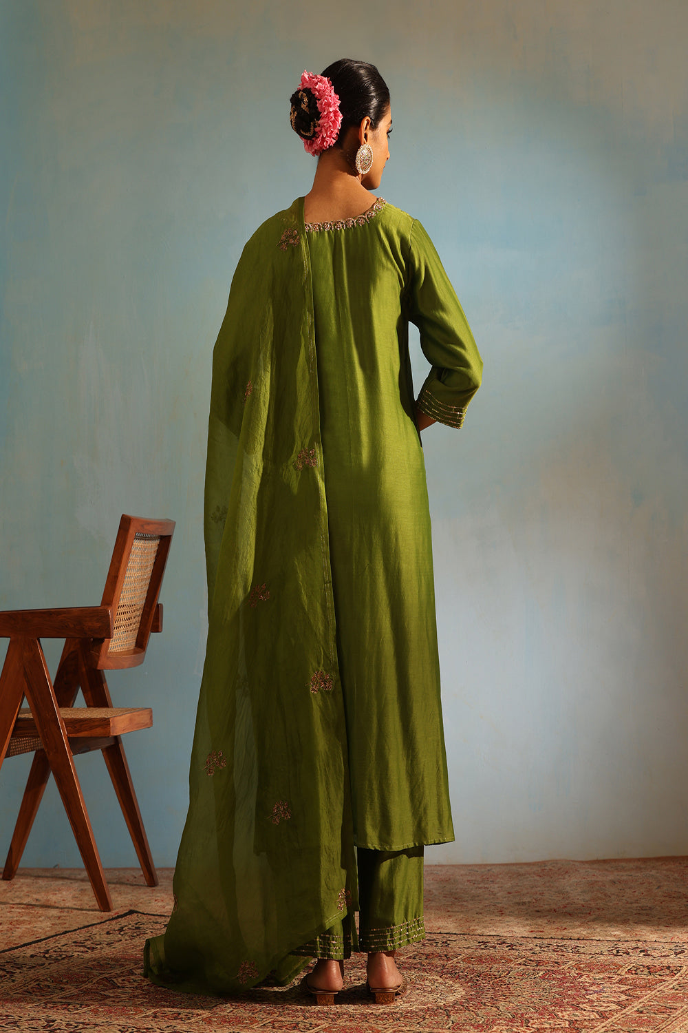 Green Tonal Chanderi Kurta With Matching Pants And Dupatta - Auraya Fashion -  - #tag1# - #tag2# - #tag3# - #tag3#