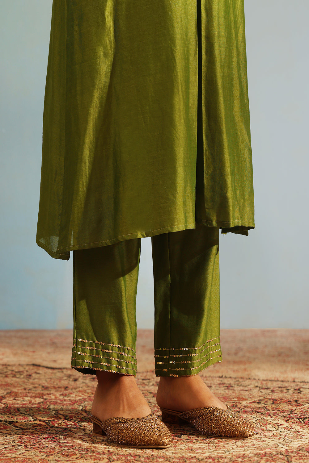 Green Tonal Chanderi Kurta With Matching Pants And Dupatta - Auraya Fashion -  - #tag1# - #tag2# - #tag3# - #tag3#