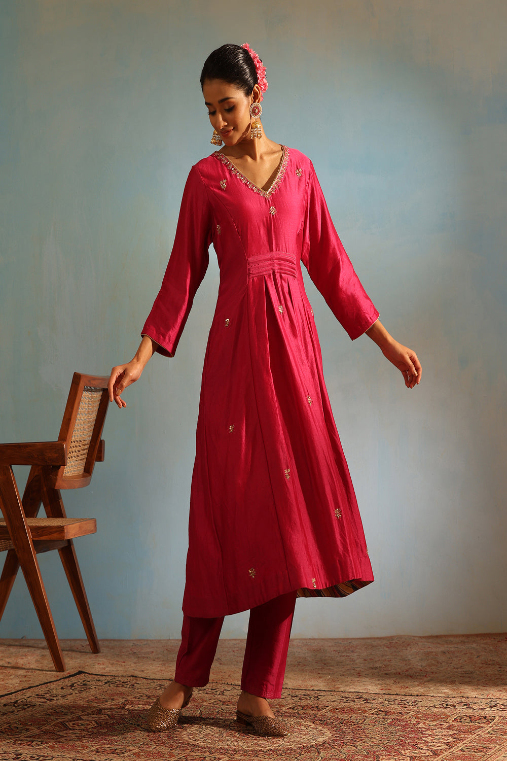 Hot Pink Tonal Chanderi Kurta With Matching Pants - Auraya Fashion - Weaverstory - #tag1# - #tag2# - #tag3# - #tag3#