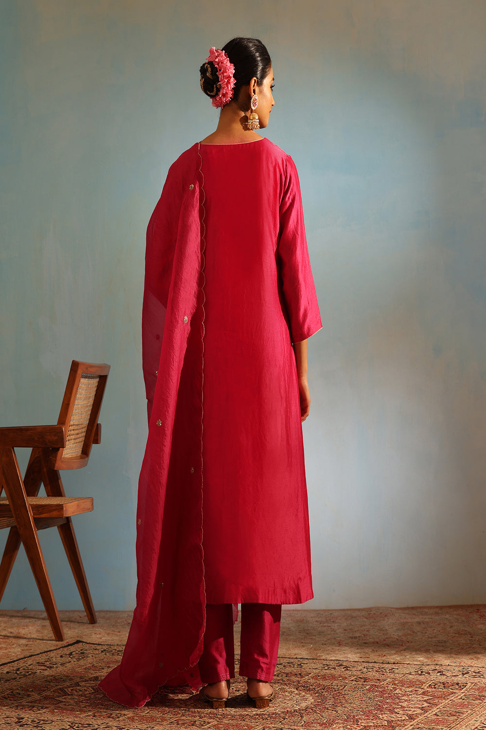 Hot Pink Tonal Chanderi Kurta With Matching Pants - Auraya Fashion -  - #tag1# - #tag2# - #tag3# - #tag3#