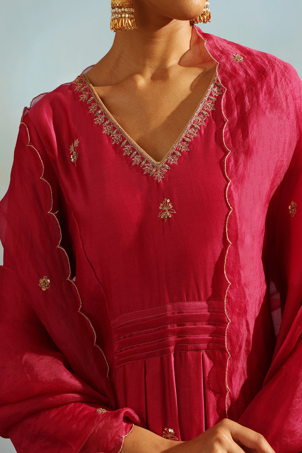 Hot Pink Tonal Chanderi Kurta With Matching Pants - Auraya Fashion -  - #tag1# - #tag2# - #tag3# - #tag3#