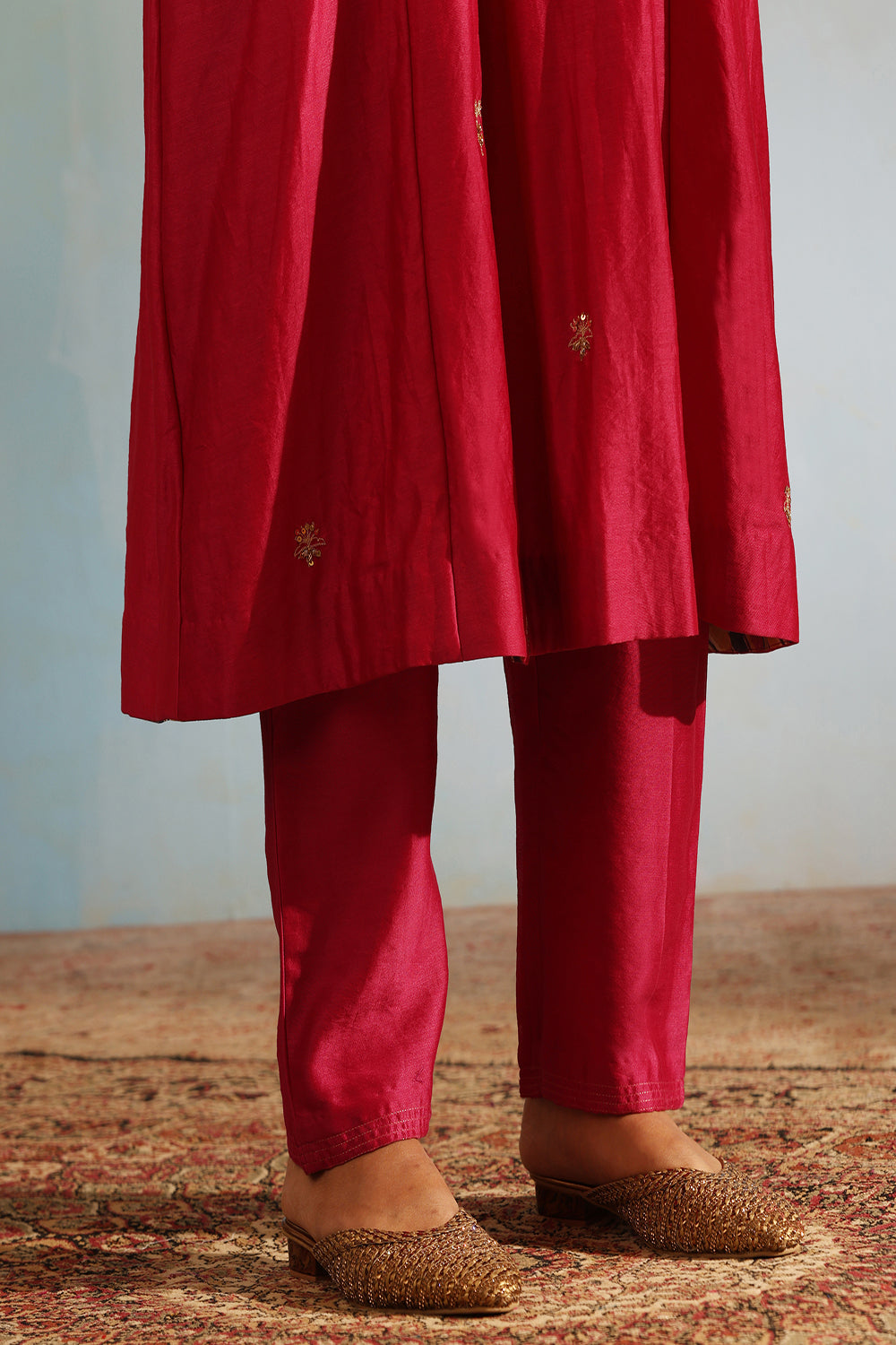 Hot Pink Tonal Chanderi Kurta With Matching Pants - Auraya Fashion -  - #tag1# - #tag2# - #tag3# - #tag3#