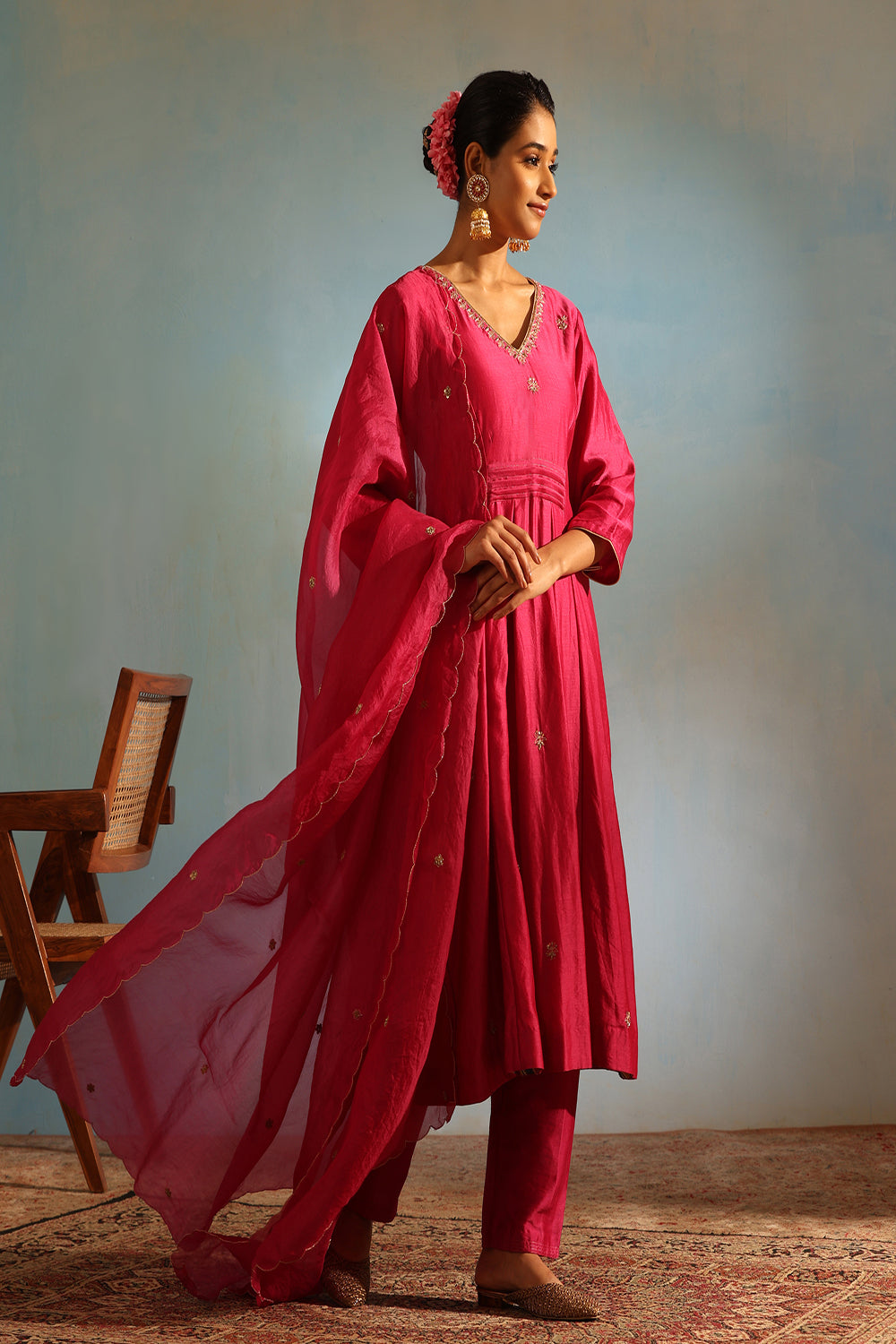 Hot Pink Tonal Chanderi Kurta With Matching Pants And Dupatta - Auraya Fashion - Weaverstory - #tag1# - #tag2# - #tag3# - #tag3#