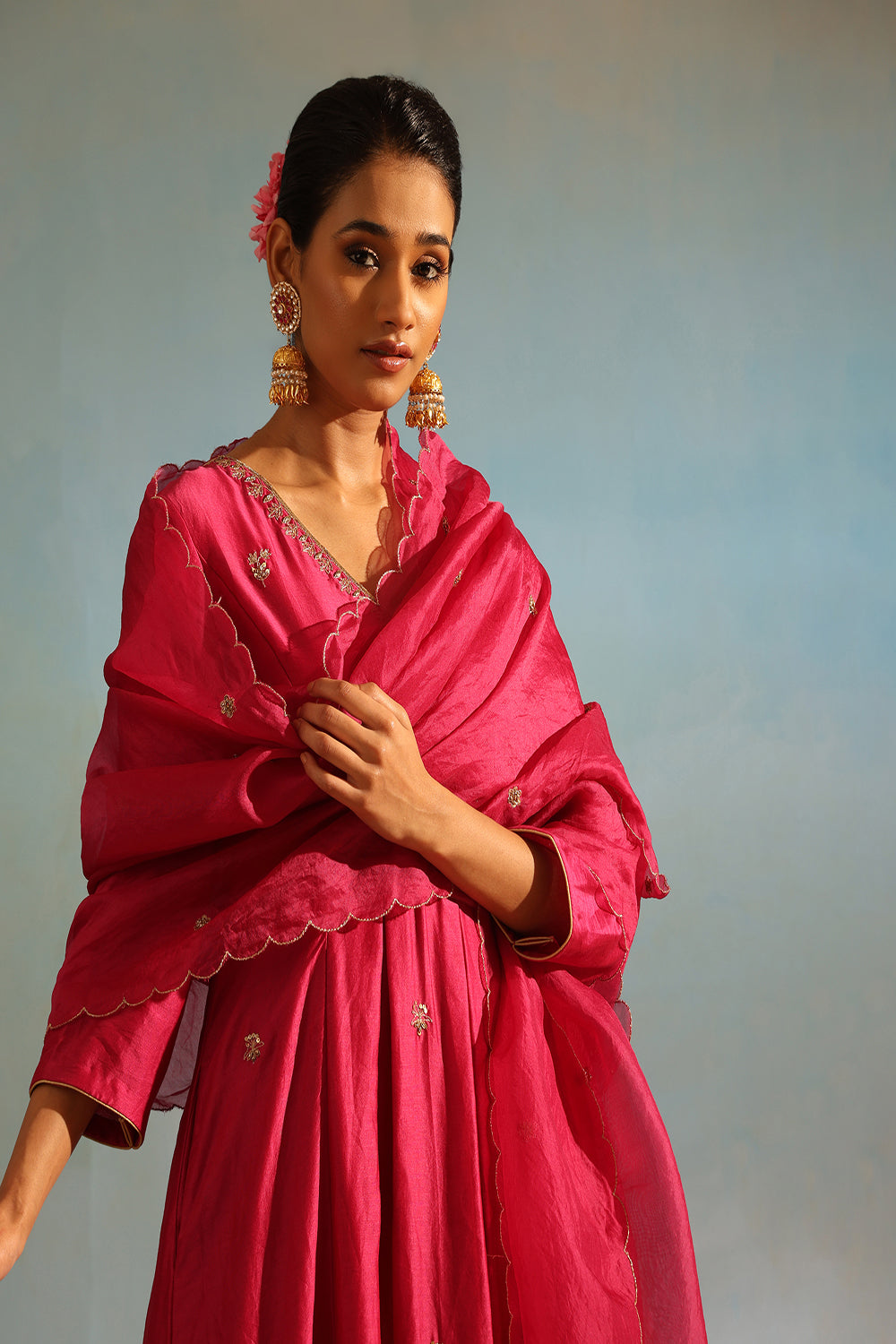 Hot Pink Tonal Chanderi Kurta With Matching Pants And Dupatta - Auraya Fashion -  - #tag1# - #tag2# - #tag3# - #tag3#