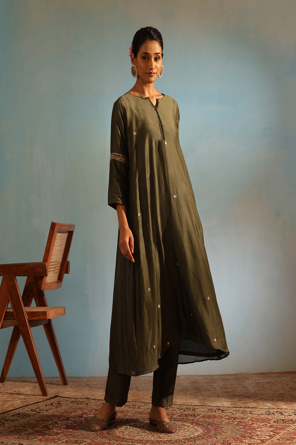 Olive Green Tonal Chanderi Kurta With Matching Pants - Auraya Fashion - Weaverstory - #tag1# - #tag2# - #tag3# - #tag3#