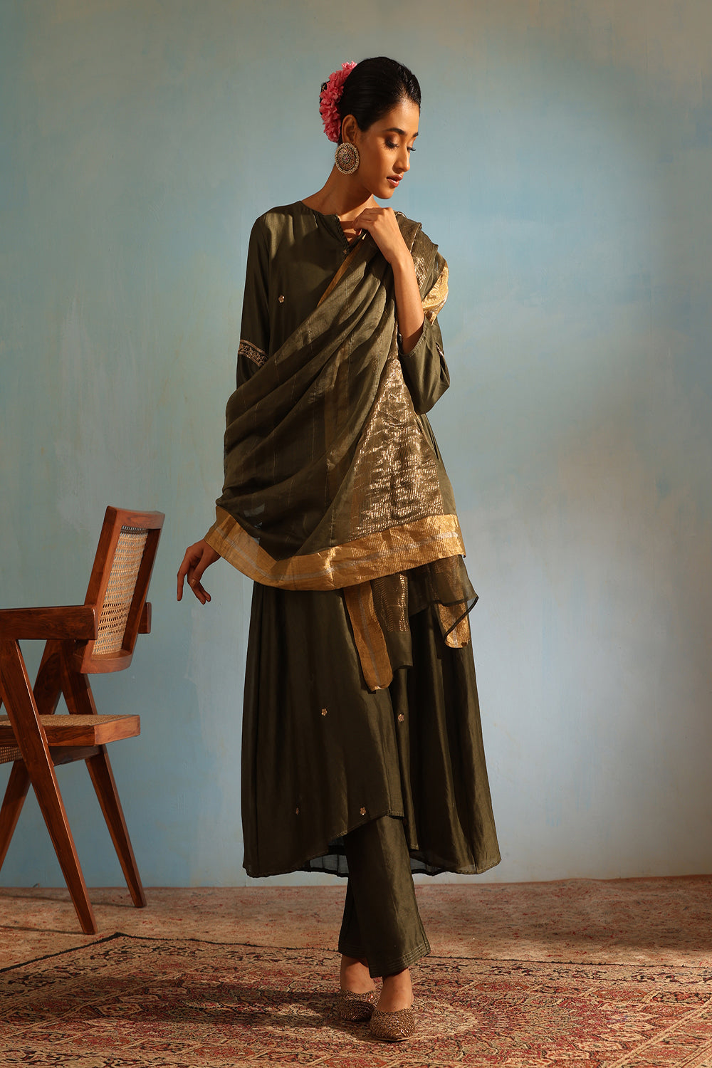 Olive Green Tonal Chanderi Kurta With Matching Pants And Dupatta - Auraya Fashion - Weaverstory - #tag1# - #tag2# - #tag3# - #tag3#