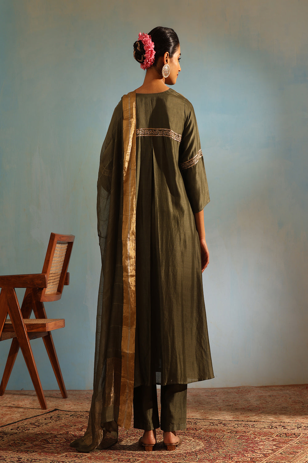 Olive Green Tonal Chanderi Kurta With Matching Pants And Dupatta - Auraya Fashion -  - #tag1# - #tag2# - #tag3# - #tag3#