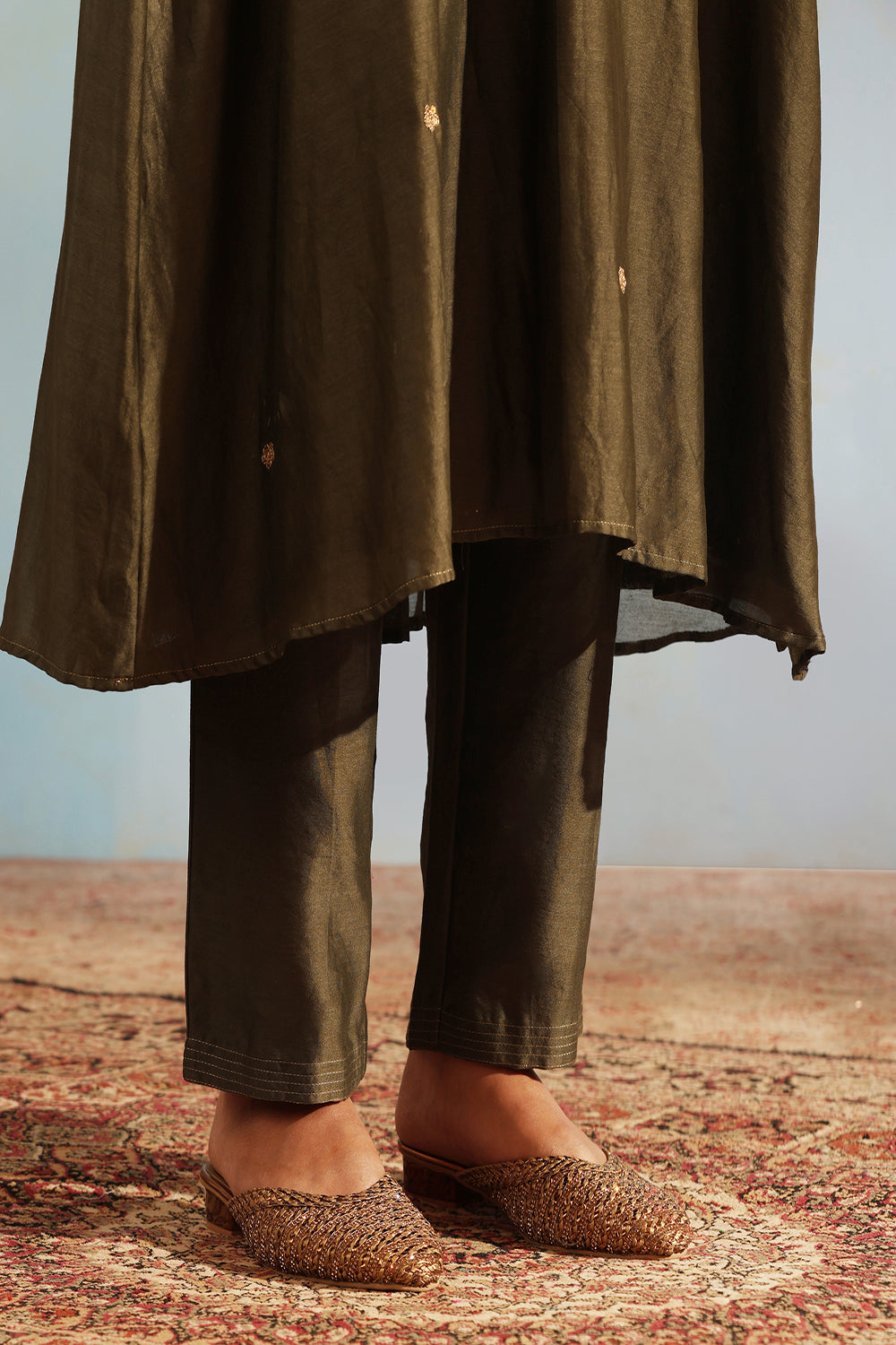 Olive Green Tonal Chanderi Kurta With Matching Pants And Dupatta - Auraya Fashion -  - #tag1# - #tag2# - #tag3# - #tag3#