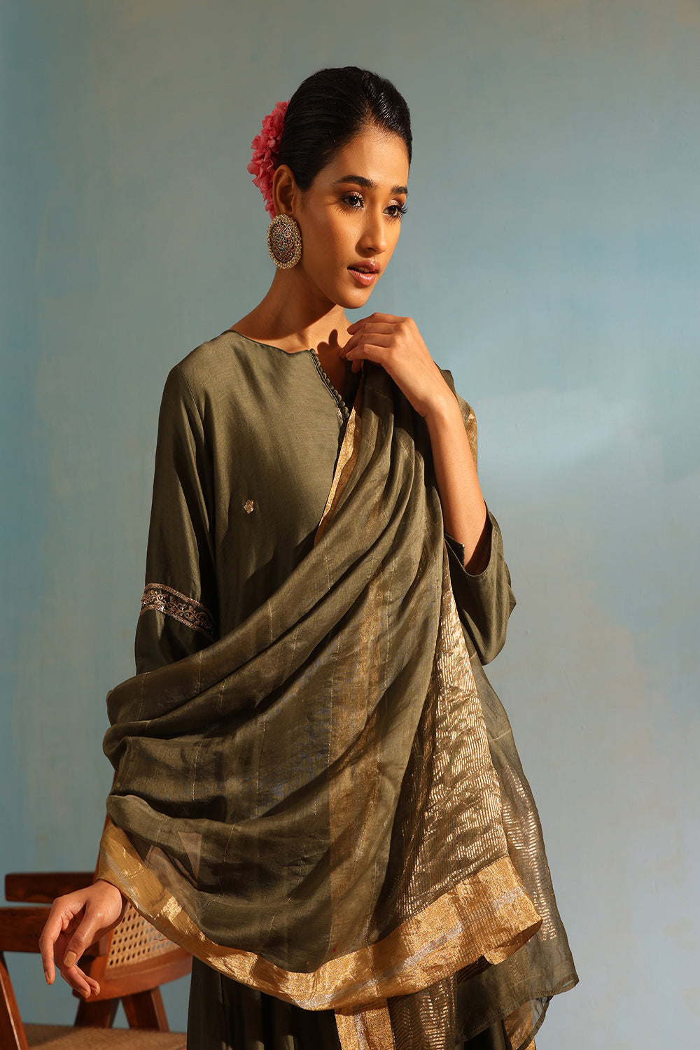 Olive Green Tonal Chanderi Kurta With Matching Pants And Dupatta - Auraya Fashion -  - #tag1# - #tag2# - #tag3# - #tag3#