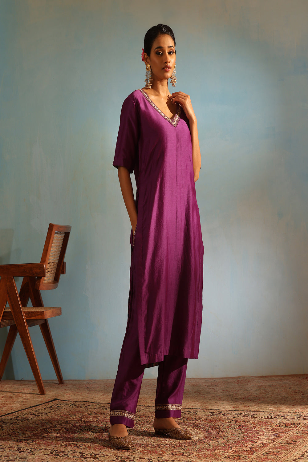 Purple Tonal Chanderi Kurta With Matching Pants - Auraya Fashion - Weaverstory - #tag1# - #tag2# - #tag3# - #tag3#