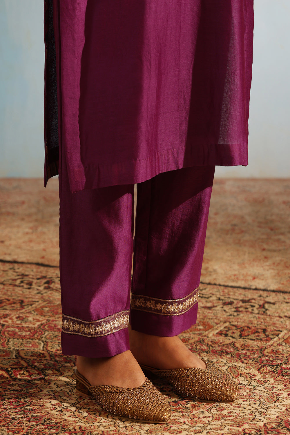 Purple Tonal Chanderi Kurta With Matching Pants - Auraya Fashion -  - #tag1# - #tag2# - #tag3# - #tag3#