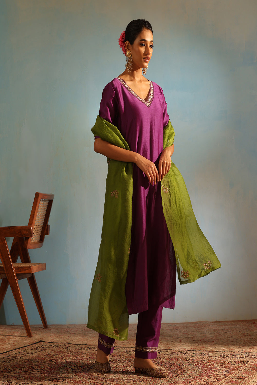 Purple Tonal Chanderi Kurta With Matching Pants And Dupatta - Auraya Fashion - Weaverstory - #tag1# - #tag2# - #tag3# - #tag3#