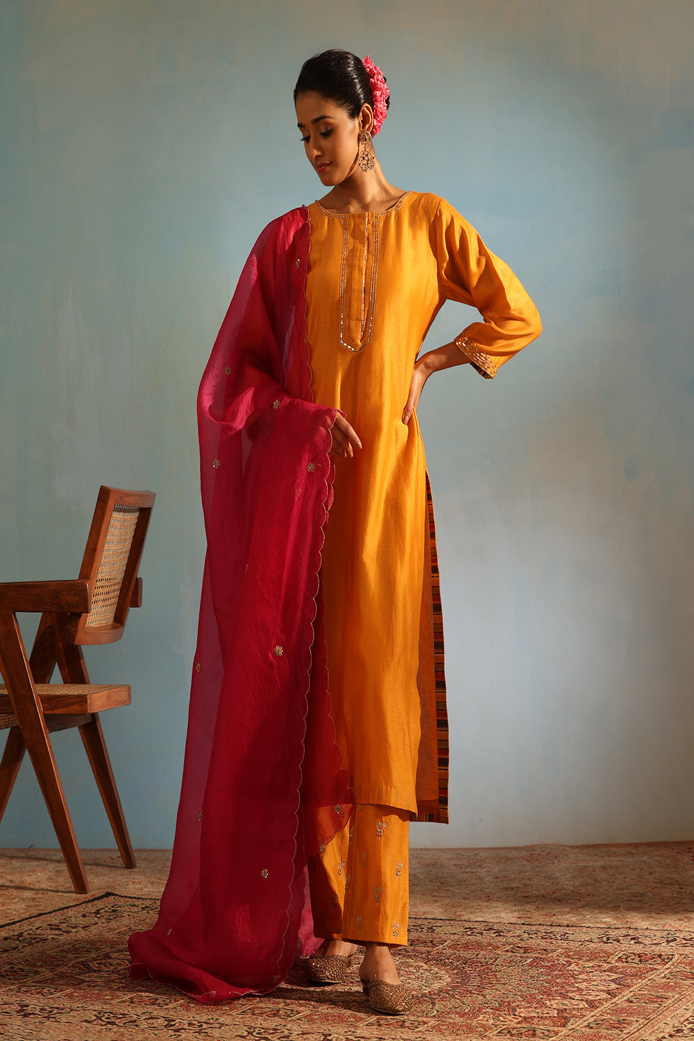 Yellow Tonal Chanderi Kurta With Matching Pants