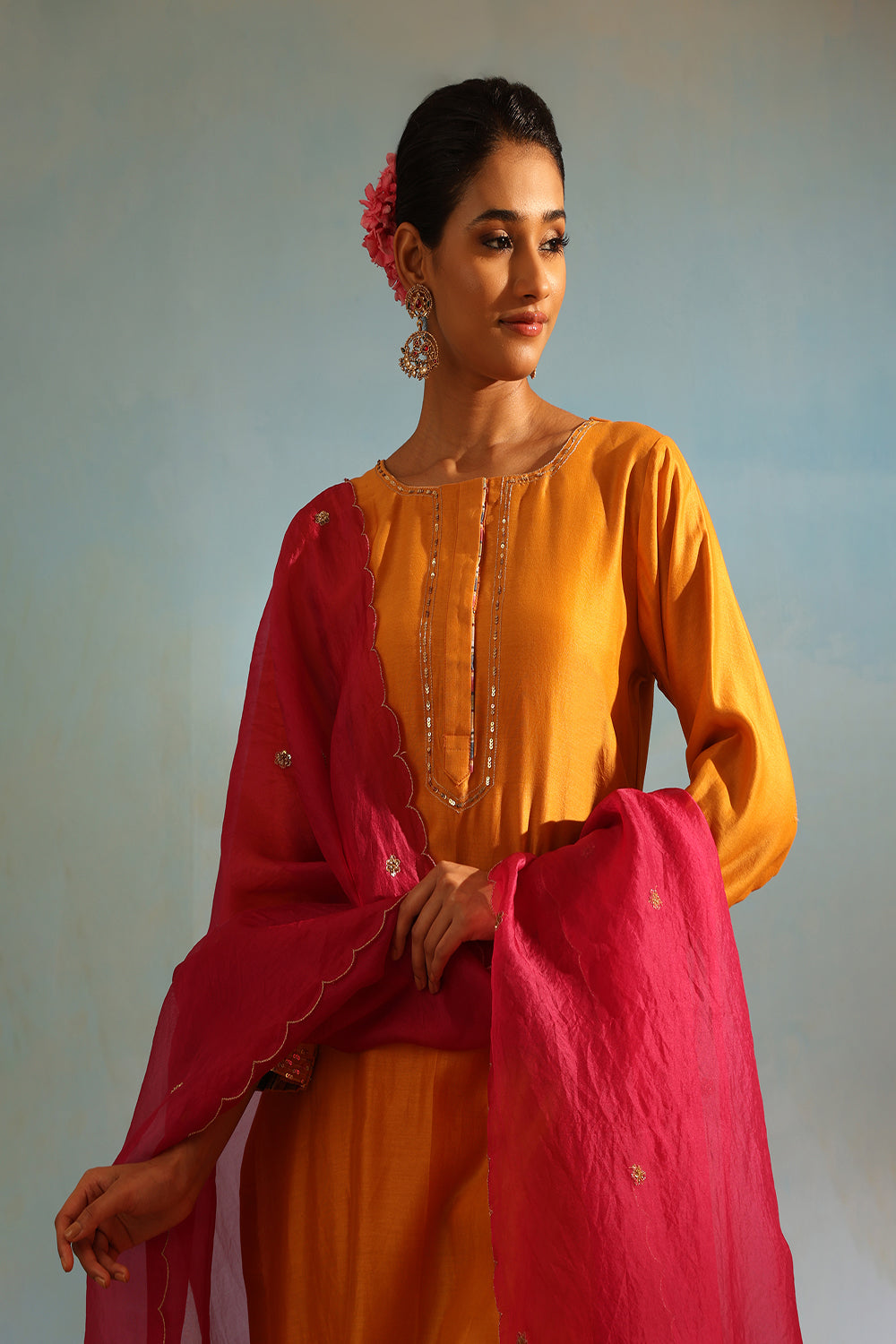 Yellow Tonal Chanderi Kurta With Matching Pants And Fuchsia Dupatta