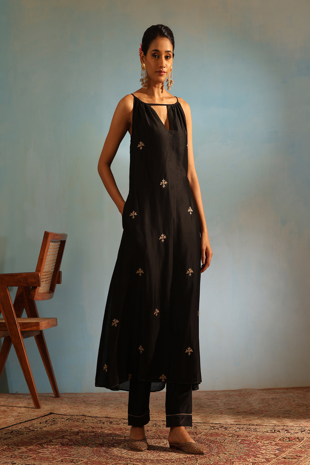 Black Tonal Chanderi Kurta With Matching Pants - Auraya Fashion - Weaverstory - #tag1# - #tag2# - #tag3# - #tag3#