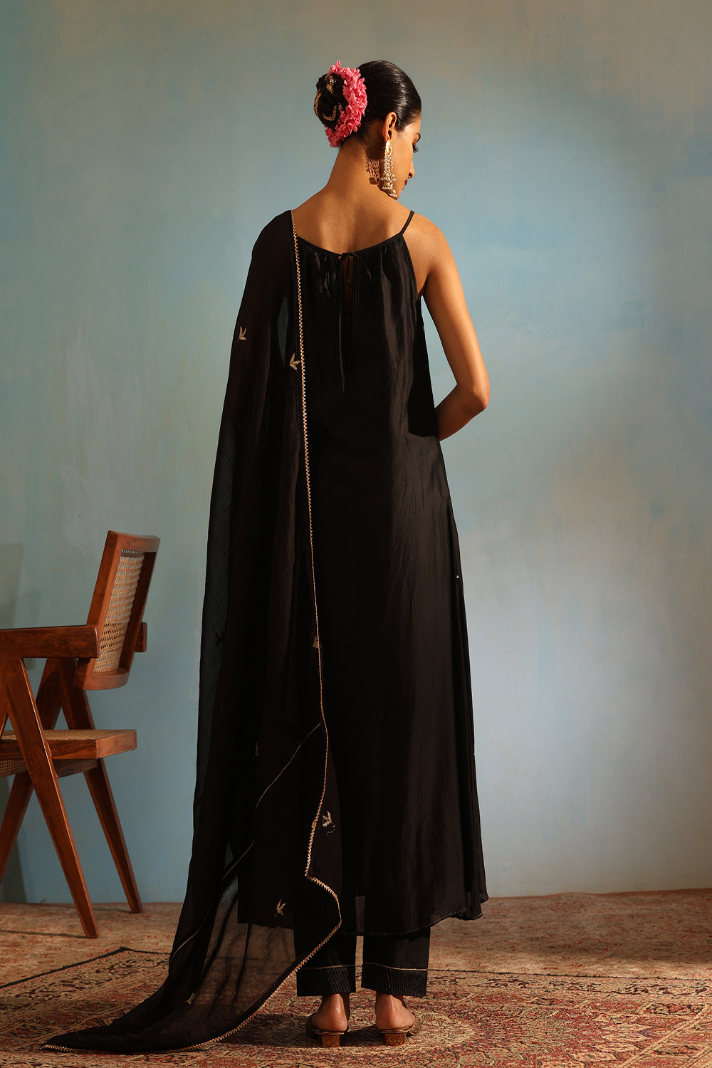 Black Tonal Chanderi Kurta With Matching Pants And Dupatta - Auraya Fashion -  - #tag1# - #tag2# - #tag3# - #tag3#