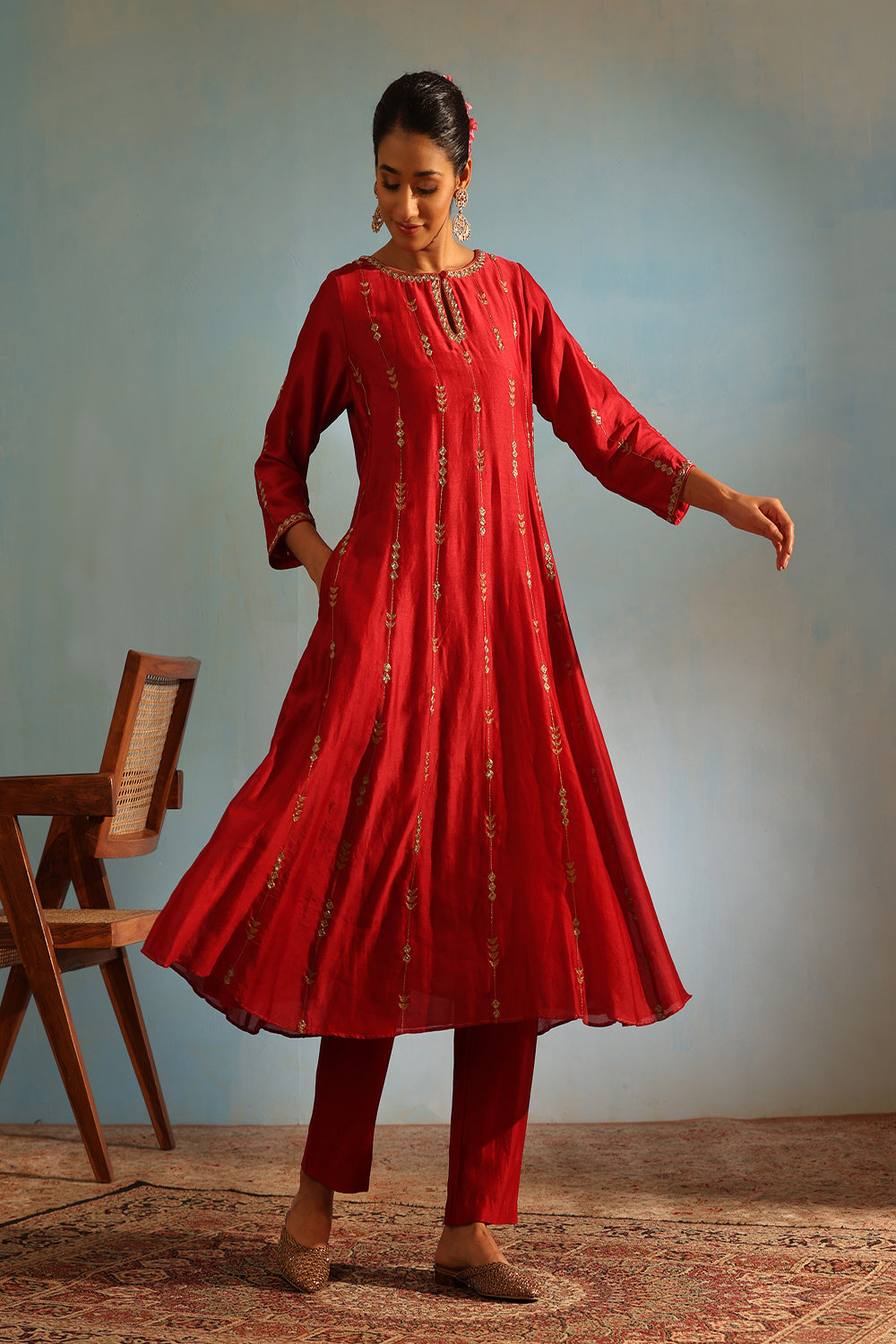 Maroon Tonal Chanderi Kurta With Matching Pants - Auraya Fashion - Weaverstory - #tag1# - #tag2# - #tag3# - #tag3#