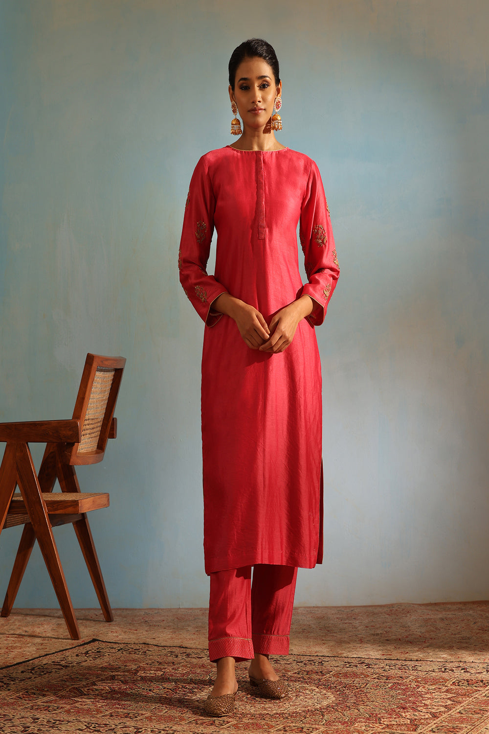 Fuchsia Pink Tonal Chanderi Kurta With Matching Pants - Auraya Fashion - Weaverstory - #tag1# - #tag2# - #tag3# - #tag3#