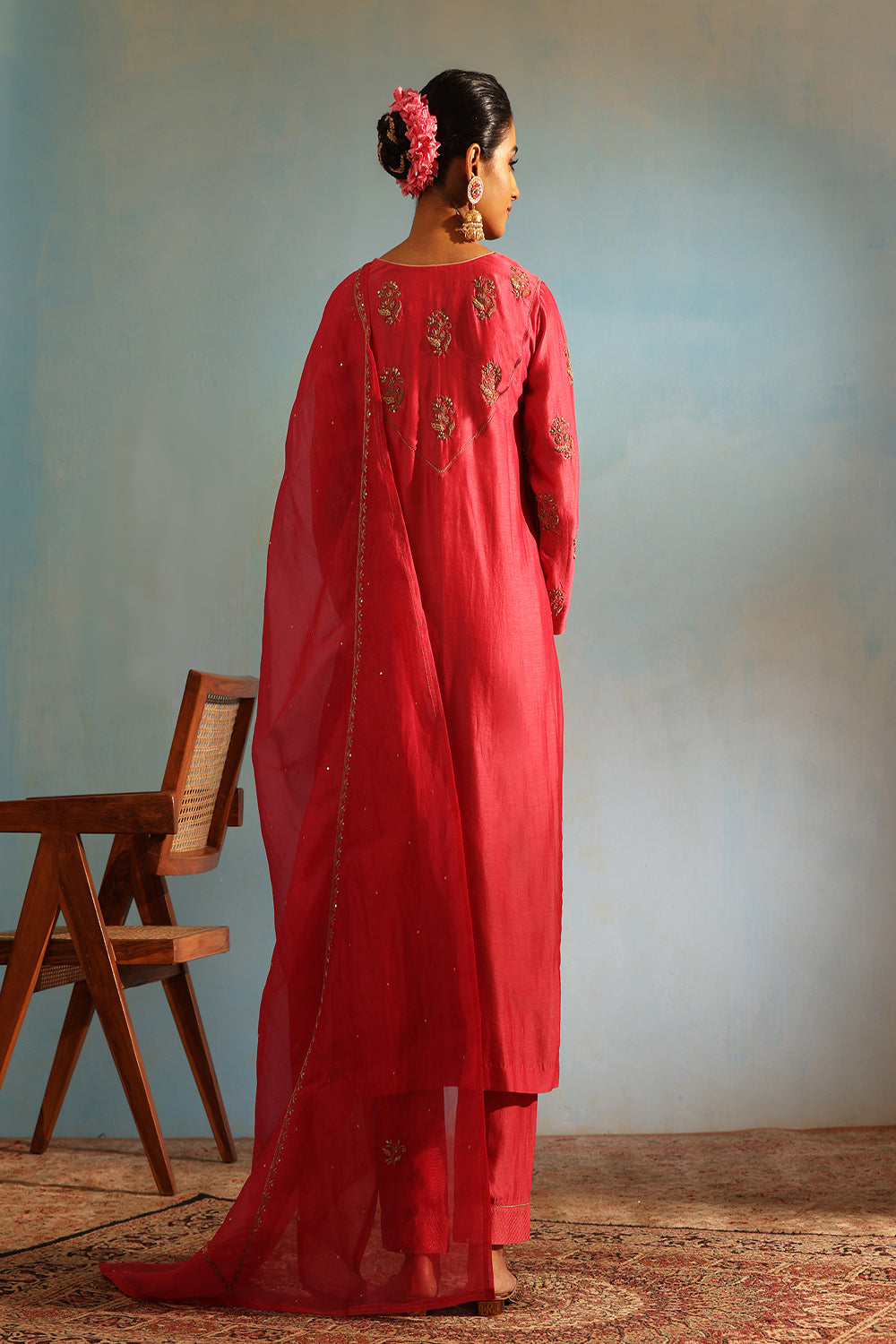 Fuchsia Pink Tonal Chanderi Kurta With Matching Pants - Auraya Fashion -  - #tag1# - #tag2# - #tag3# - #tag3#