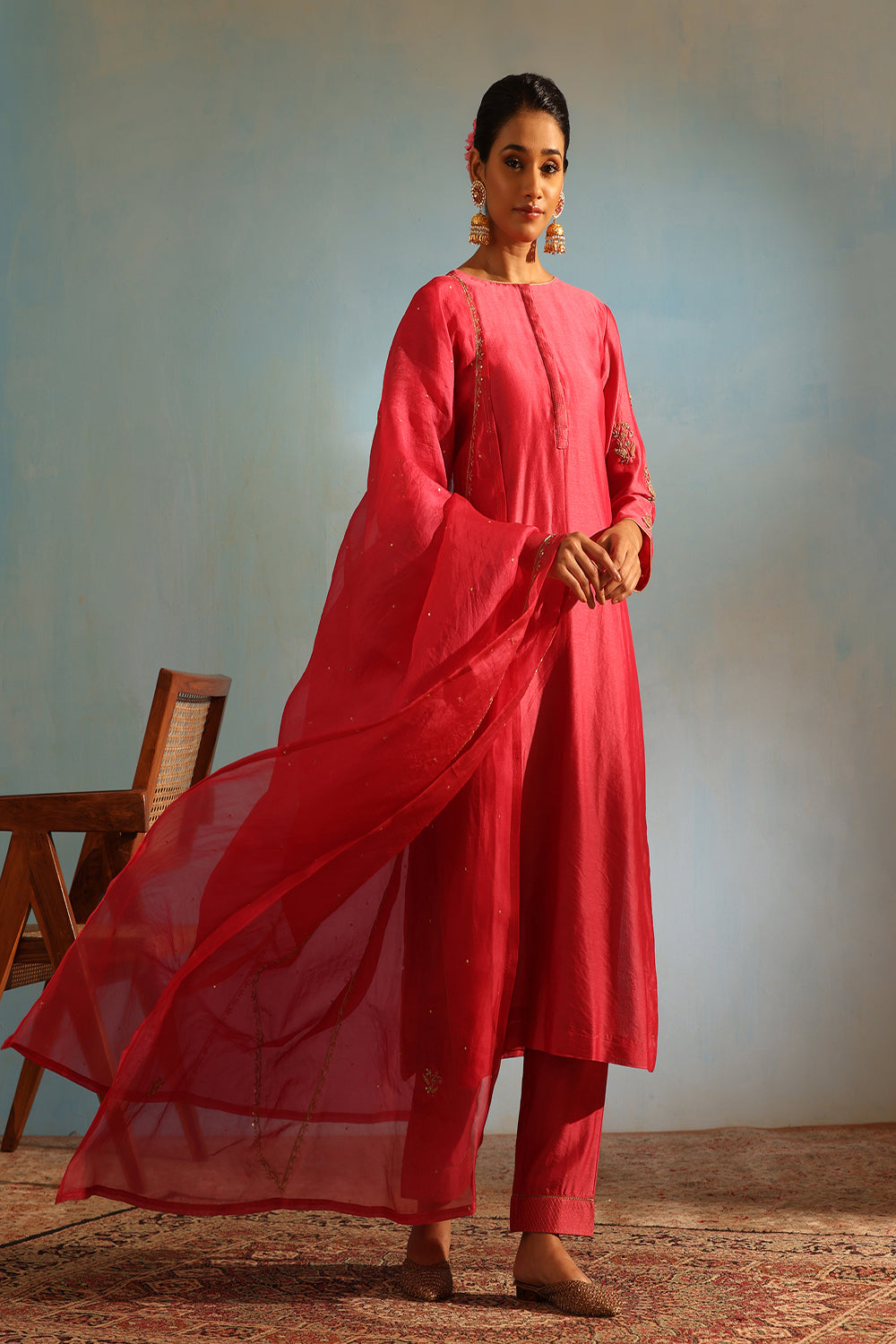 Fuchsia Pink Tonal Chanderi Kurta With Matching Pants And Dupatta - Auraya Fashion - Weaverstory - #tag1# - #tag2# - #tag3# - #tag3#