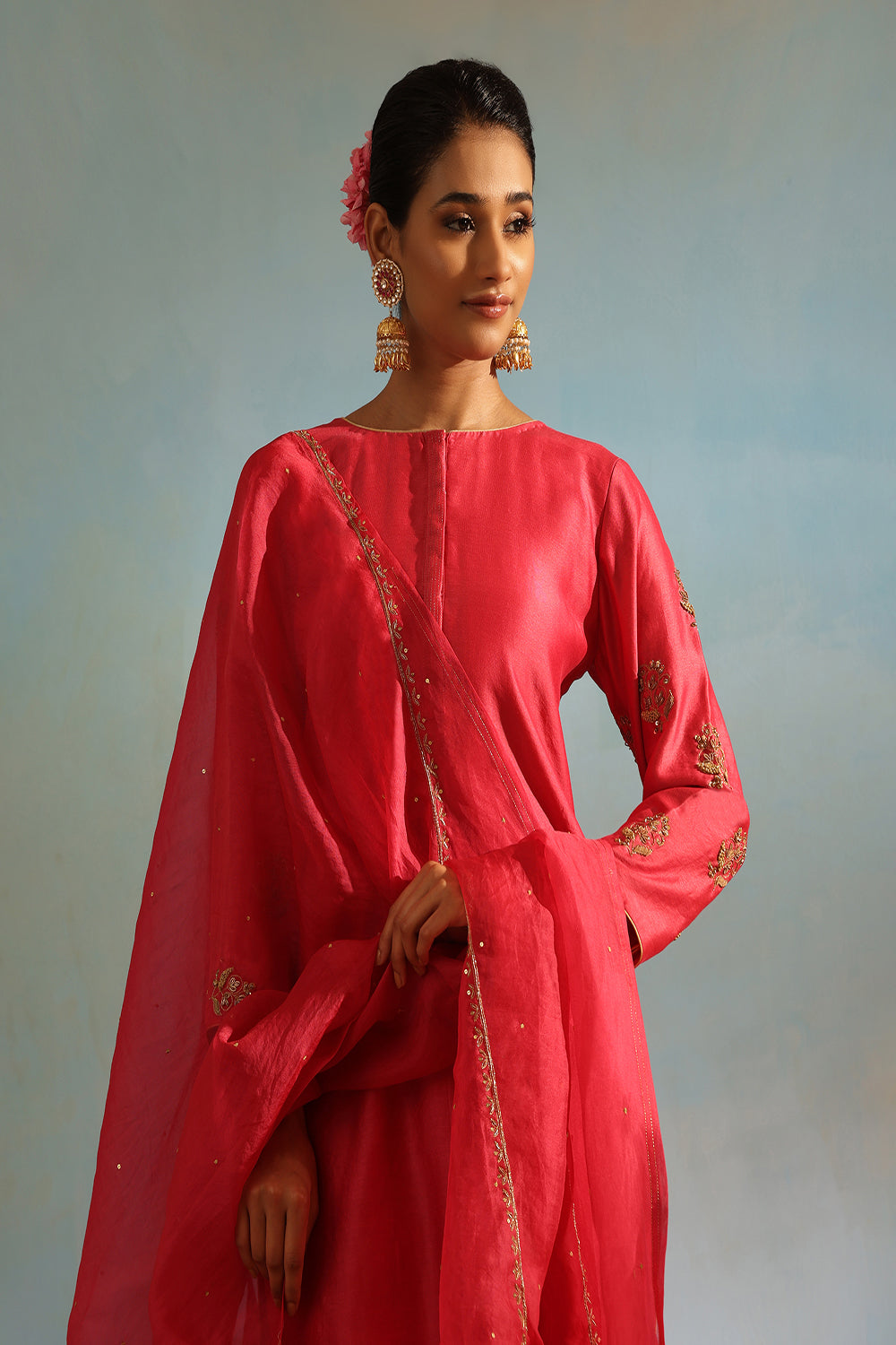 Fuchsia Pink Tonal Chanderi Kurta With Matching Pants And Dupatta - Auraya Fashion -  - #tag1# - #tag2# - #tag3# - #tag3#