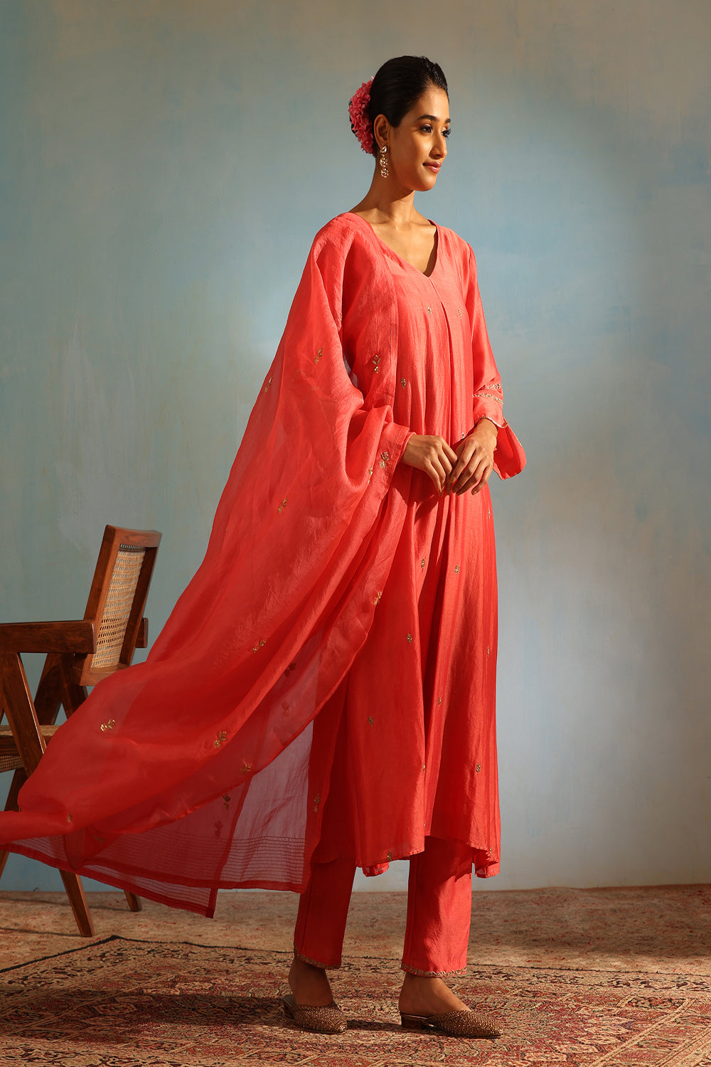 Gajari Pink Tonal Chanderi Kurta With Matching Pants And Dupatta - Auraya Fashion - Weaverstory - #tag1# - #tag2# - #tag3# - #tag3#