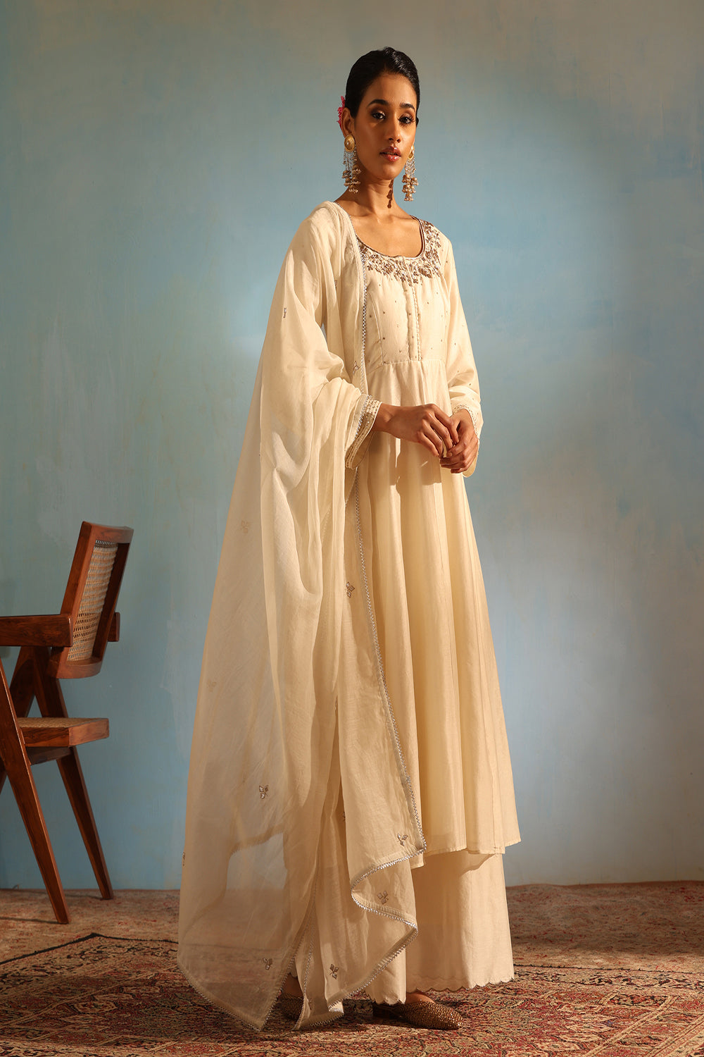 White Tonal Chanderi Kurta With Matching Pants And Dupatta