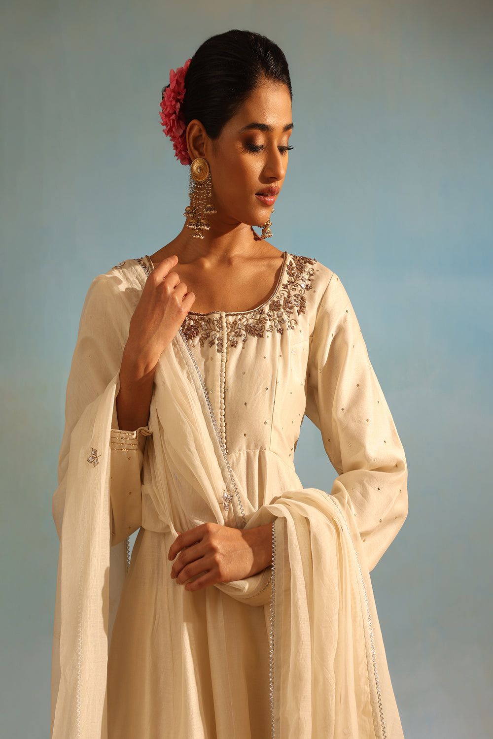 White Tonal Chanderi Kurta With Matching Pants And Dupatta