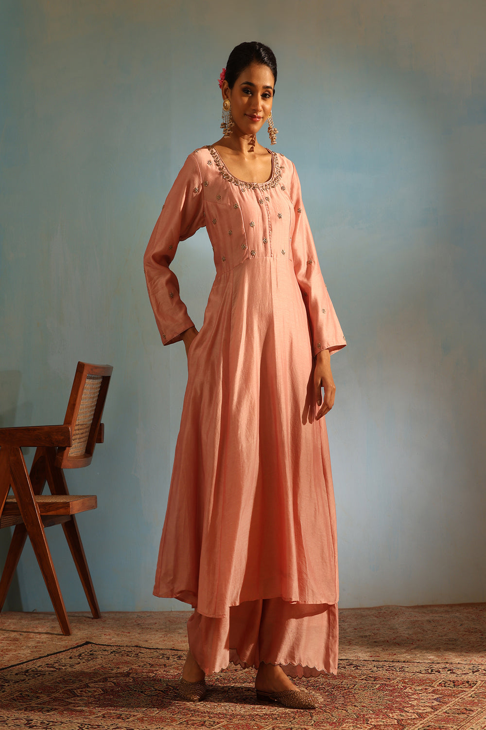 Blush Pink Tonal Chanderi Kurta With Matching Pants And Dupatta - Auraya Fashion - Weaverstory - #tag1# - #tag2# - #tag3# - #tag3#