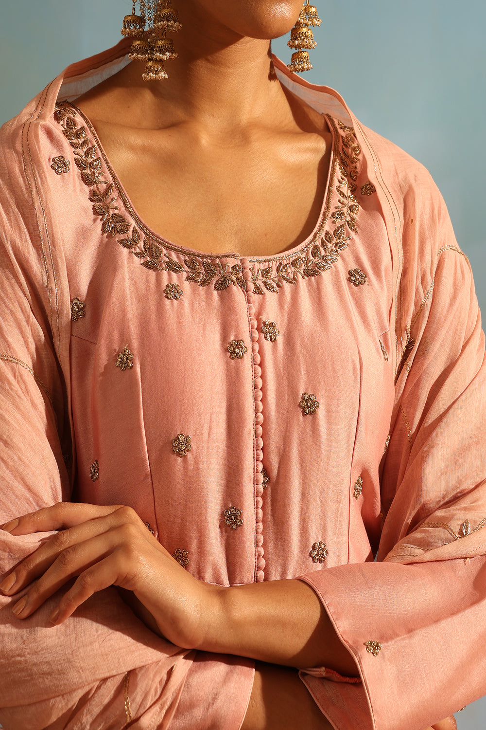 Blush Pink Tonal Chanderi Kurta With Matching Pants And Dupatta - Auraya Fashion -  - #tag1# - #tag2# - #tag3# - #tag3#