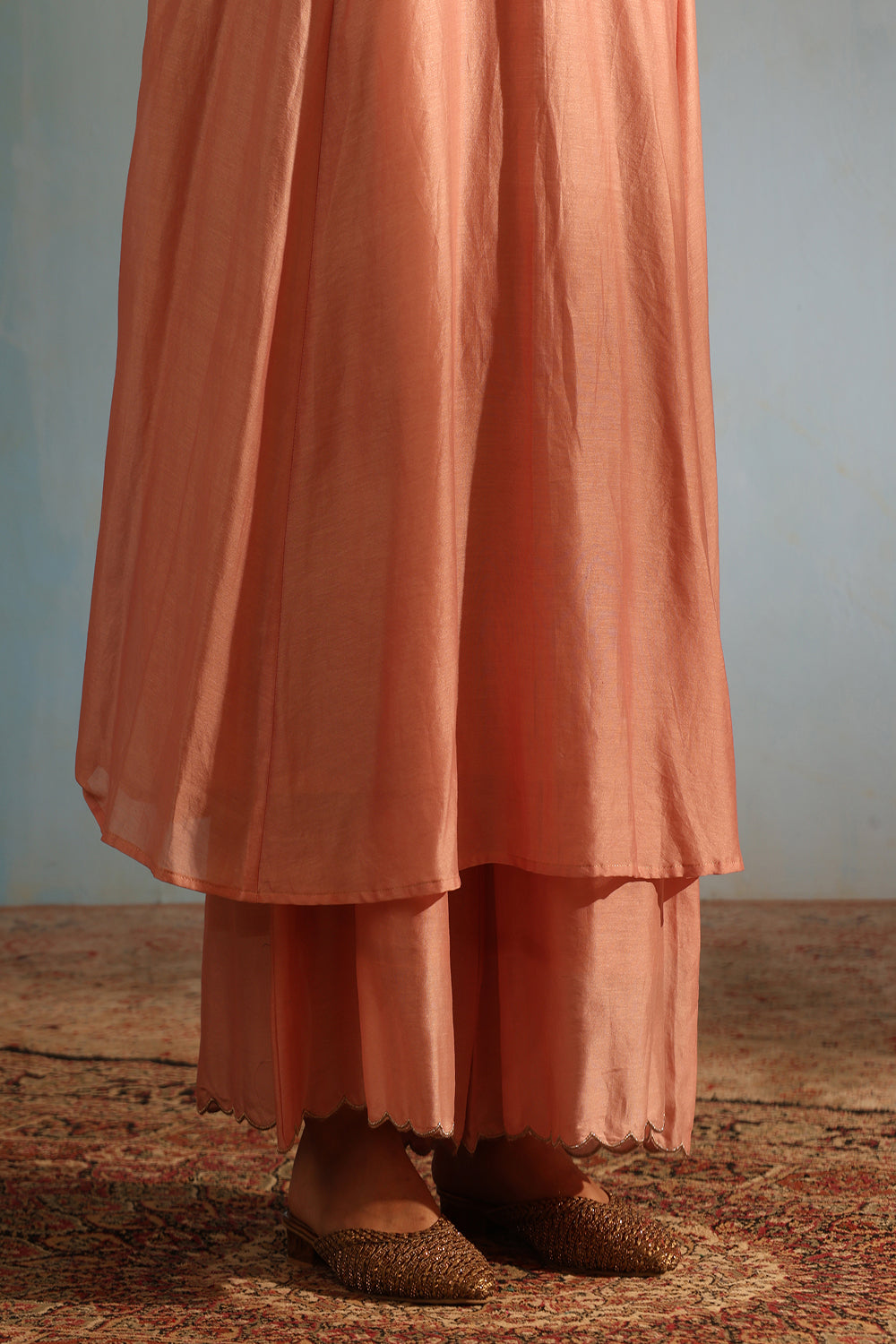 Blush Pink Tonal Chanderi Kurta With Matching Pants And Dupatta - Auraya Fashion -  - #tag1# - #tag2# - #tag3# - #tag3#