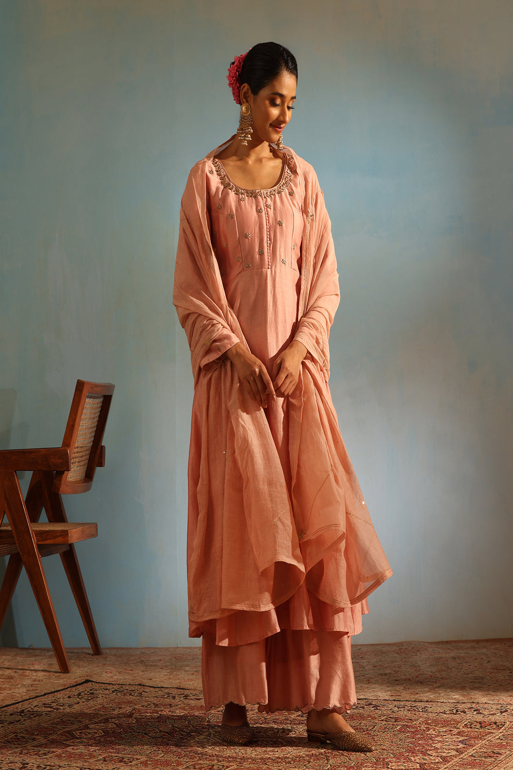 Blush Pink Tonal Chanderi Kurta With Matching Pants And Dupatta - Auraya Fashion - Weaverstory - #tag1# - #tag2# - #tag3# - #tag3#