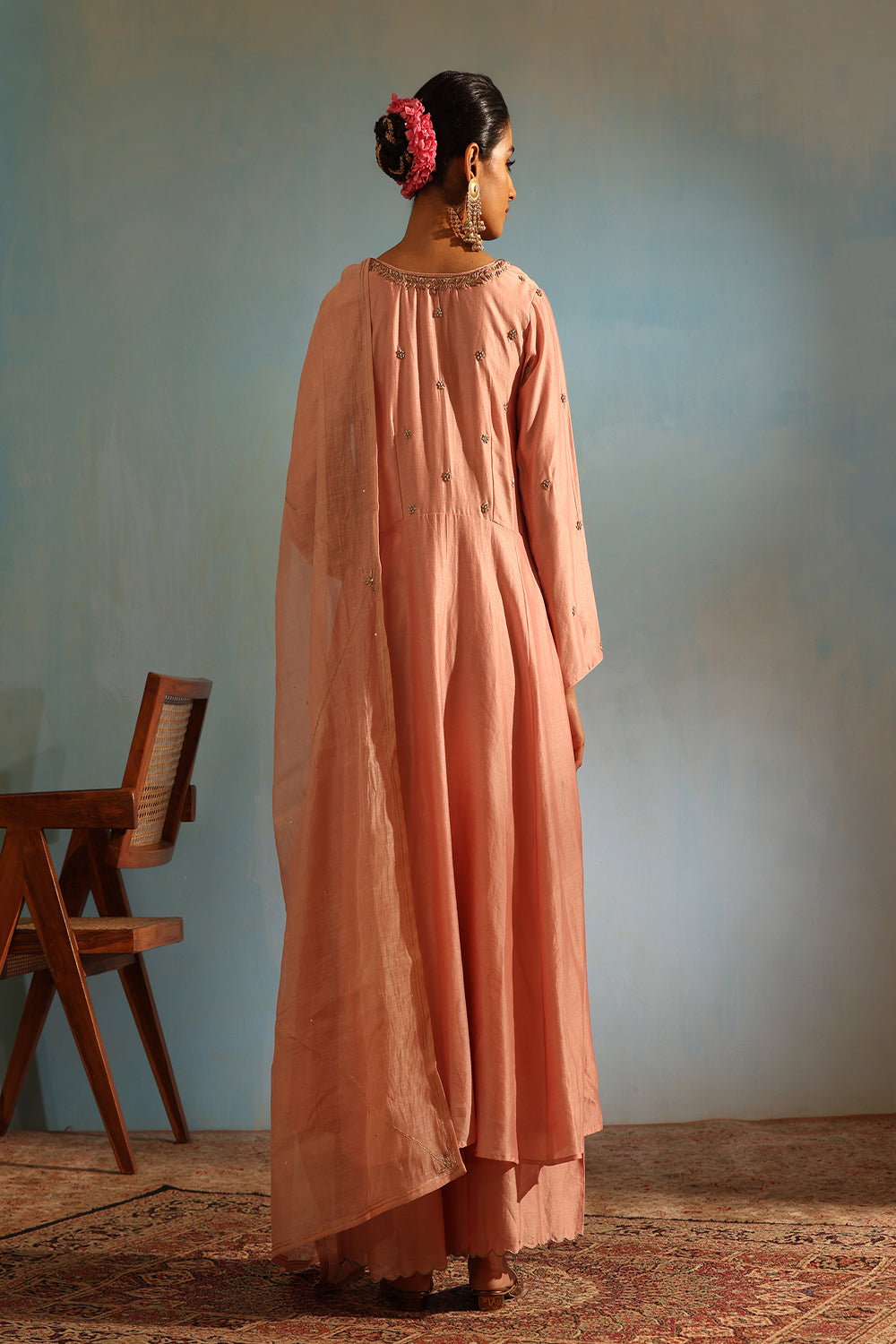 Blush Pink Tonal Chanderi Kurta With Matching Pants And Dupatta - Auraya Fashion -  - #tag1# - #tag2# - #tag3# - #tag3#